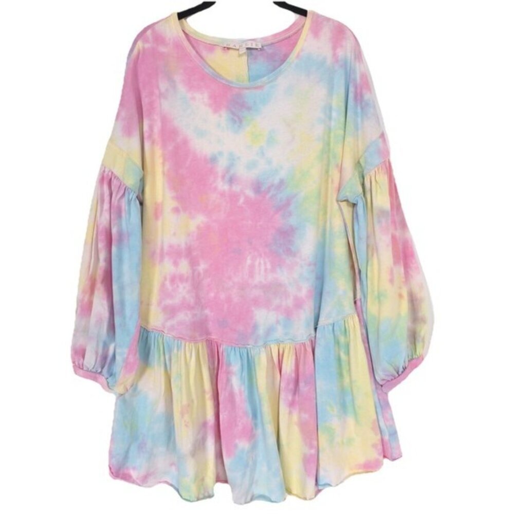 KARLIE Women's Tie‎ Dye Pastel Balloon Sleeve Ruffle Mini Dress Tunic LARGE